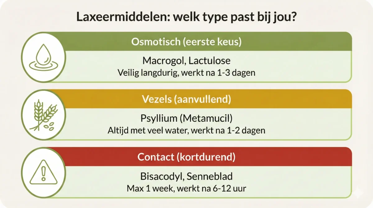 Overzicht laxeermiddelen bij obstipatie per type en werkingsduur
