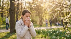 Vrouw met hooikoortsklachten niest in een park tijdens het pollenseizoen