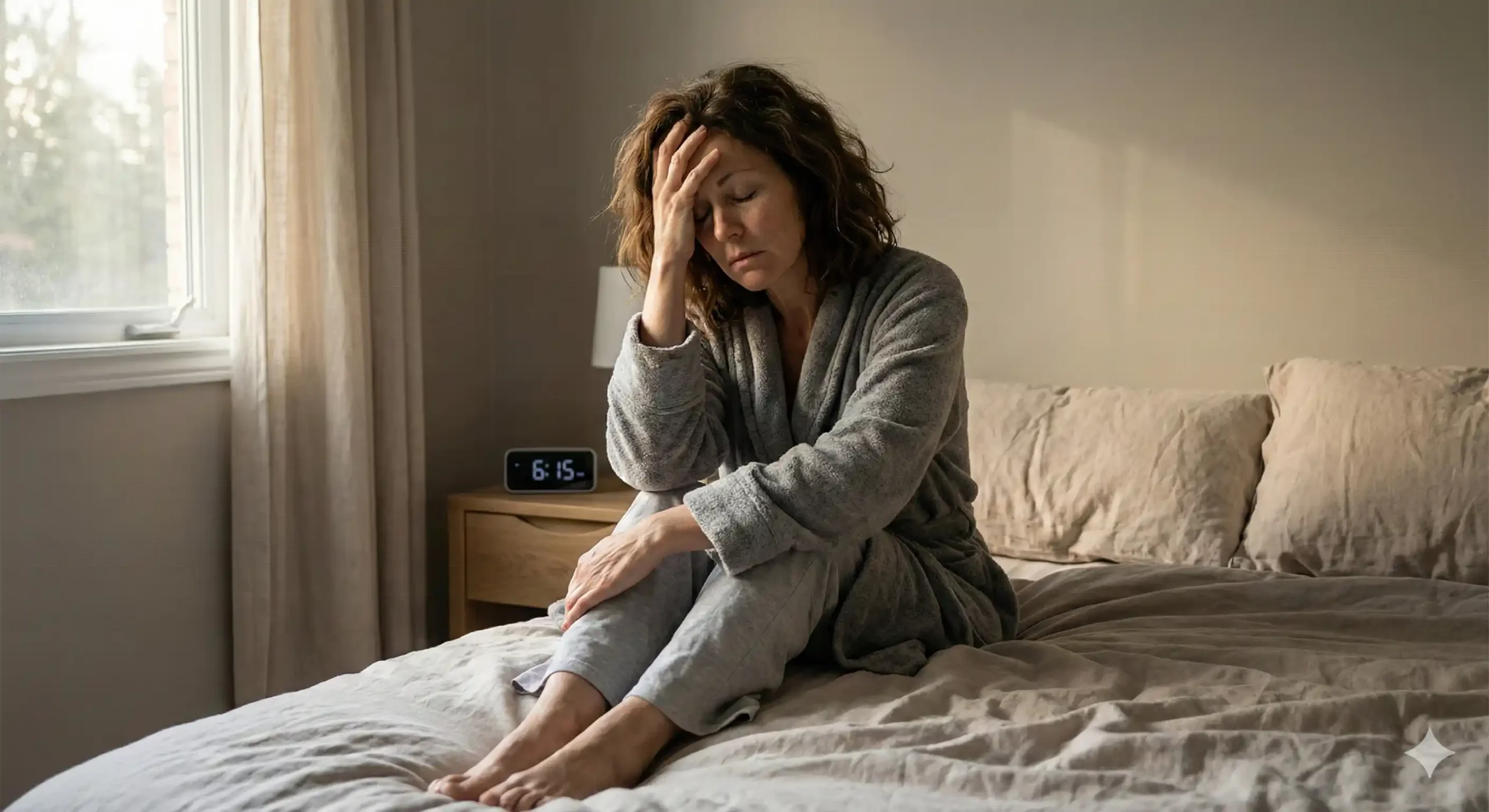 Vermoeide vrouw van middelbare leeftijd zit op de rand van haar bed met haar hand tegen haar voorhoofd