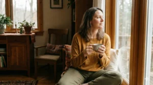 Vrouw van middelbare leeftijd kijkt peinzend uit het raam met een kop thee in haar handen