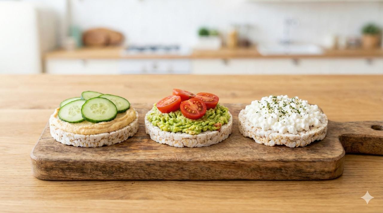 Rijstwafels met gezond beleg zoals hummus, avocado en hüttenkäse