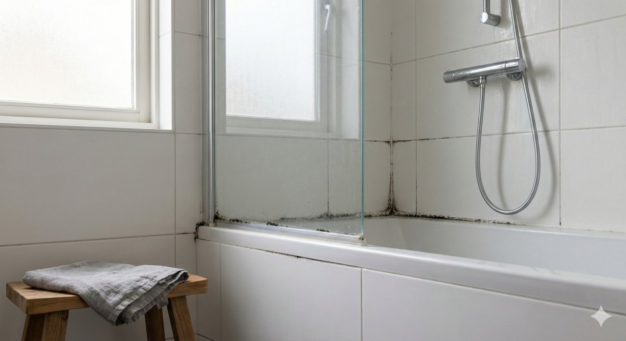 Zwarte schimmel op kitranden in een badkamer