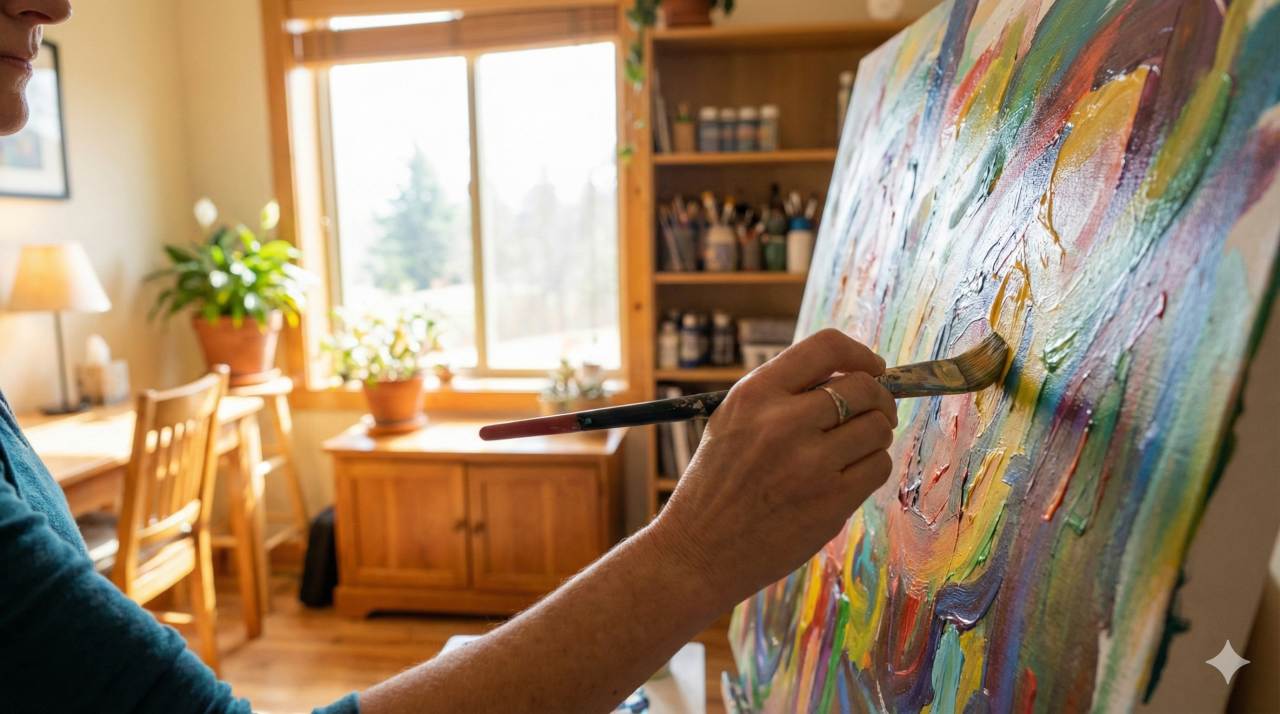 Persoon schildert tijdens beeldende therapie in lichte therapieruimte