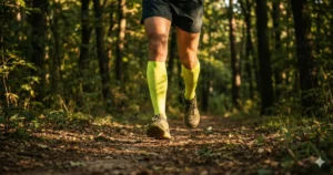 Compressiekousen hardlopen - hardloper met knielange compressiesokken op bospad