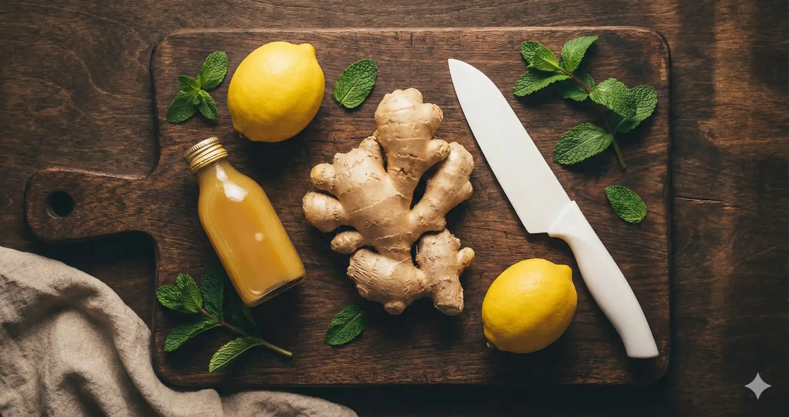 Verse gember shots maken met citroen en gember op houten snijplank