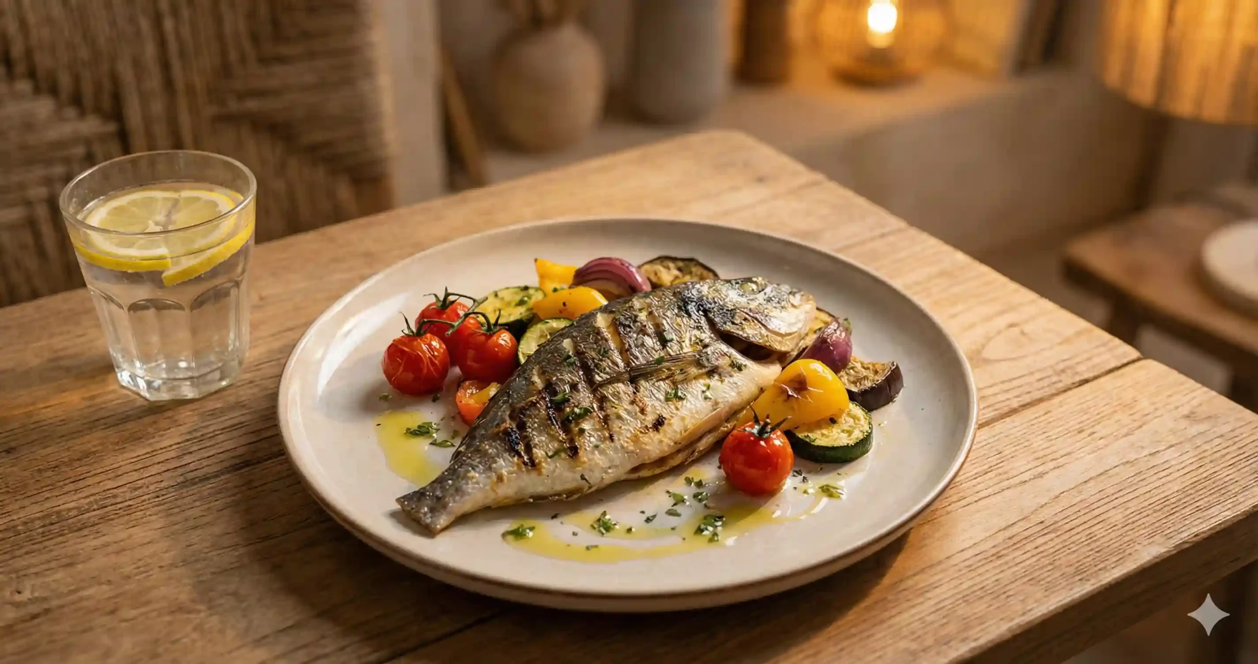 Gezond uit eten - tafel met gegrilde vis en groenten in restaurant