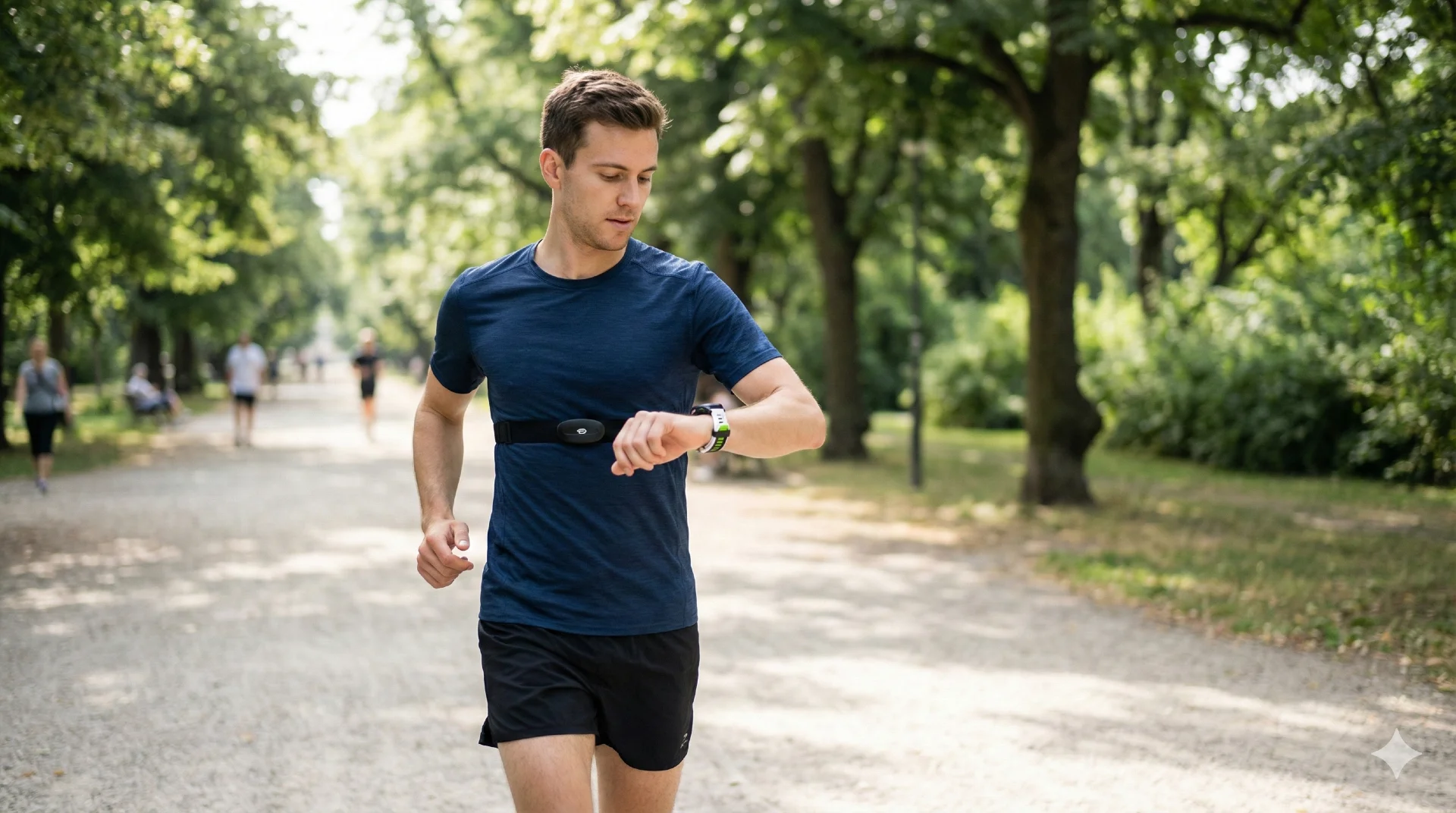 Man met hartslagmeter borstband controleert hartslagzones op sporthorloge