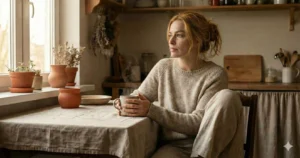 Ijzertekort symptomen vrouw: vermoeide vrouw in ochtendlicht