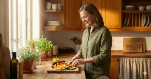 Overgang afvallen - vrouw bereidt gezonde maaltijd in keuken