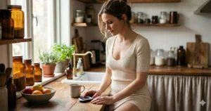 Prediabetes herkennen - vrouw controleert bloedsuiker in keuken