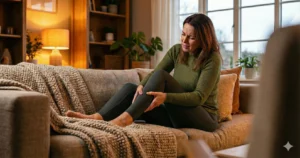 Rusteloze benen oma weet raad - vrouw masseert kuiten in de avond