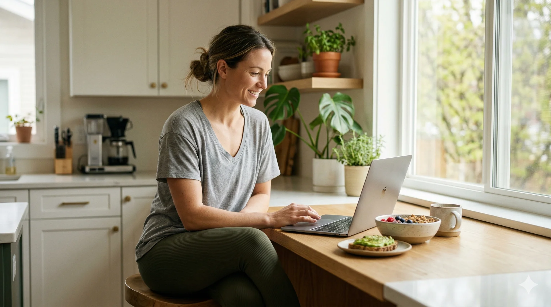 Vrouw berekent haar BMR op laptop in lichte keuken