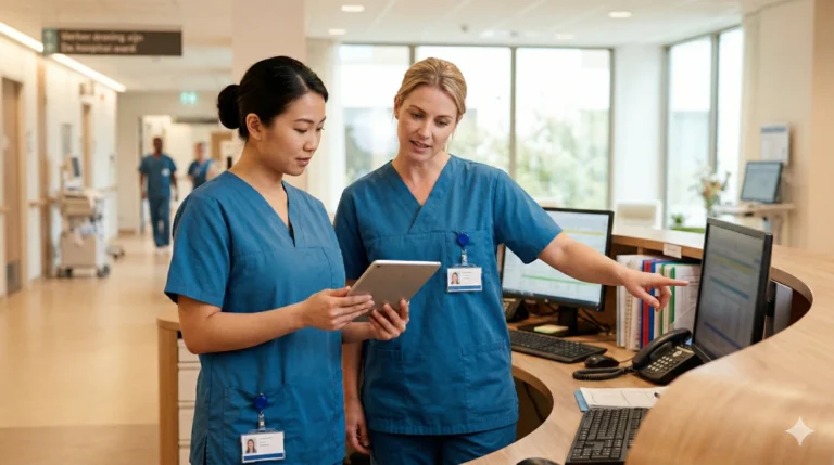 Verpleegkundige in overleg met team, ziekenhuisomgeving