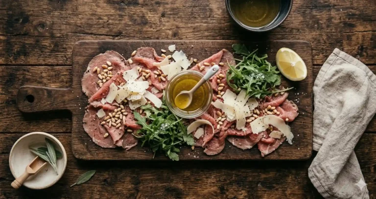Carpaccio gezond: plakjes ossenhaas met pijnboompitten en Parmezaan op een houten plank