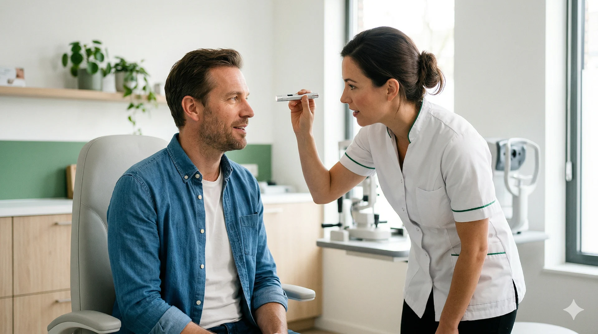 Droge ogen behandeling: man overlegt met oogarts in spreekkamer