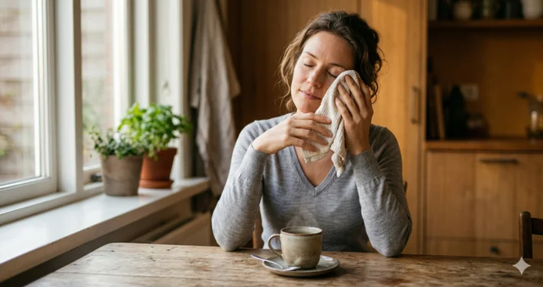 Droge ogen oma weet raad: vrouw legt warm kompres op gesloten ogen