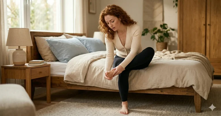 Eczeem voet: vrouw bekijkt rode huid op haar voetzool