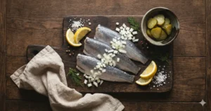 Verse haring op houten plank met uitjes. Is haring gezond