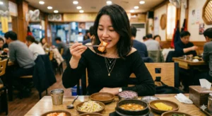 Koreaanse vrouw eet kimchi