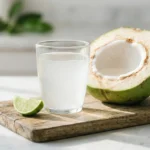 Kokoswater gezond - glas met kokosnoot op houten tafel