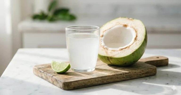 Kokoswater gezond - glas met kokosnoot op houten tafel