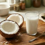 Is kokosmelk gezond - blik kokosmelk met kokosnoot op snijplank