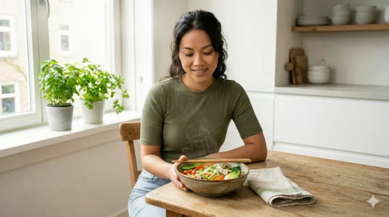 Noodles gezond: bord verse noedels met groenten en eetstokjes