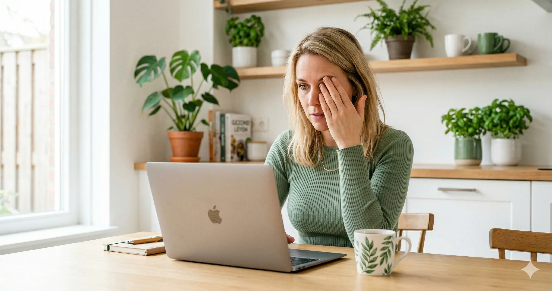 Vrouw doet oogtest online op laptop aan keukentafel