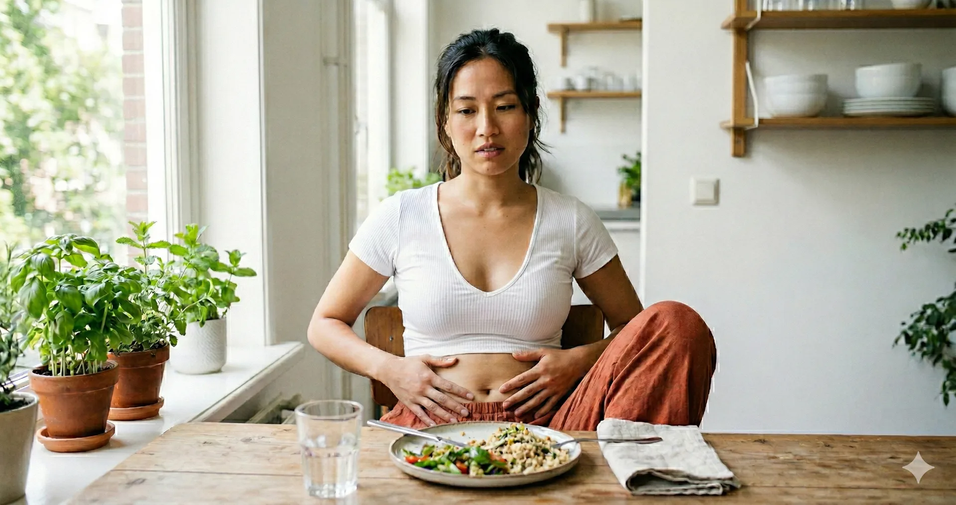 Opgeblazen buik na eten - vrouw houdt handen op buik aan eettafel