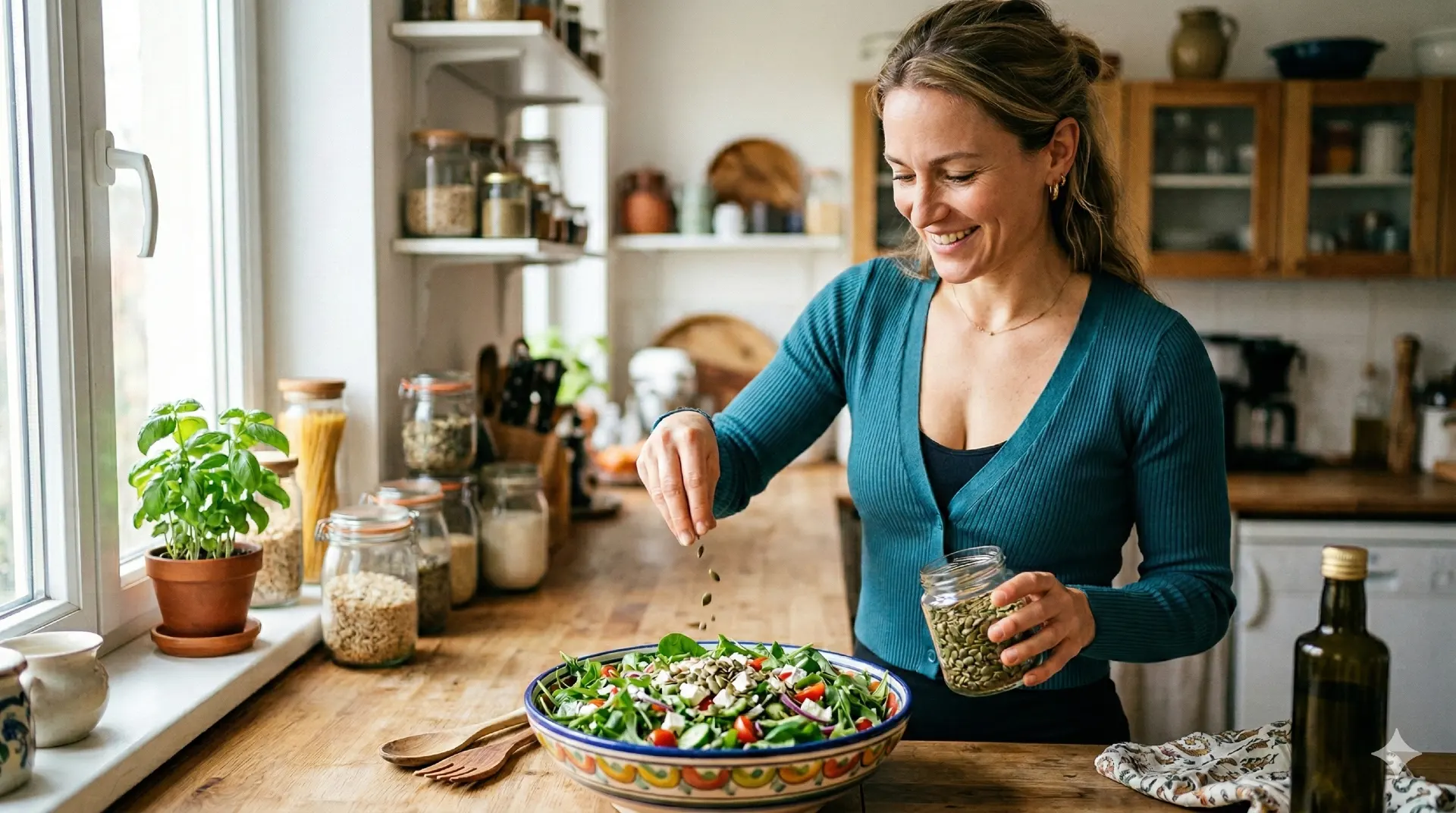 Vrouw strooit pompoenpitten over salade in keuken