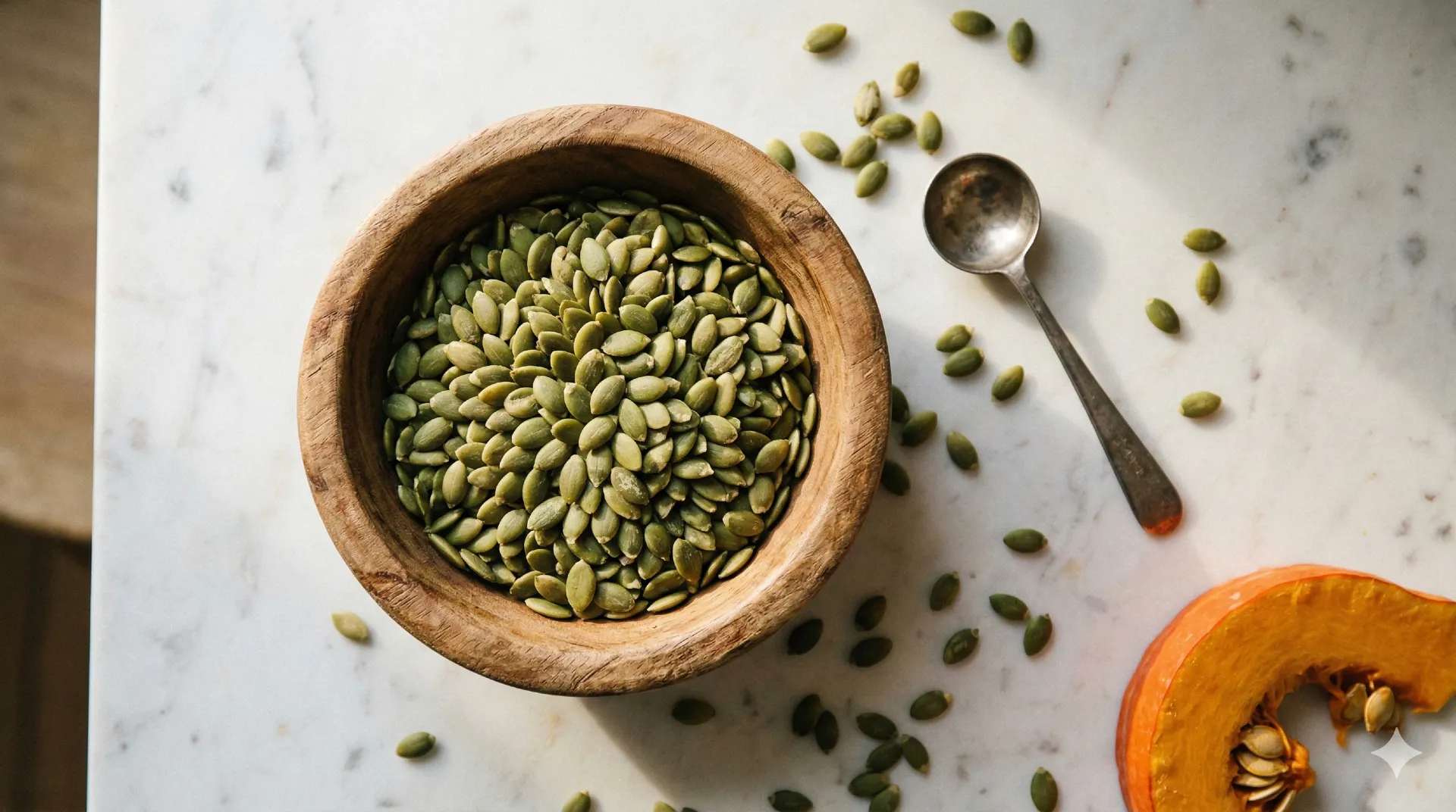 Pompoenpitten gezond: kom met groene pompoenpitten op houten snijplank