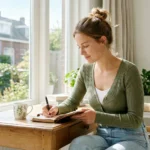 een dagboek schrijftPositieve affirmaties opschrijven in dagboek bij ochtendlicht