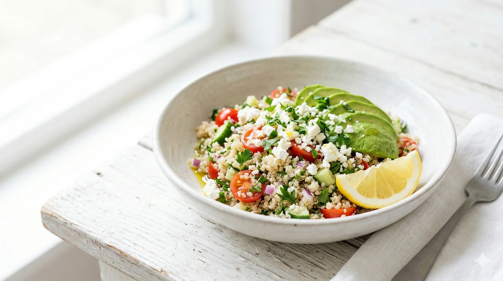 Kleurrijke quinoa salade bowl met avocado, tomaat en feta op licht tafelblad
