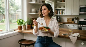 Vrouw eet quinoa-salade