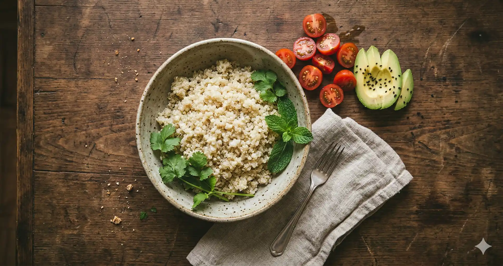 Overhead shot van quinoa in keramische kom op houten tafel met verse kruiden en groenten