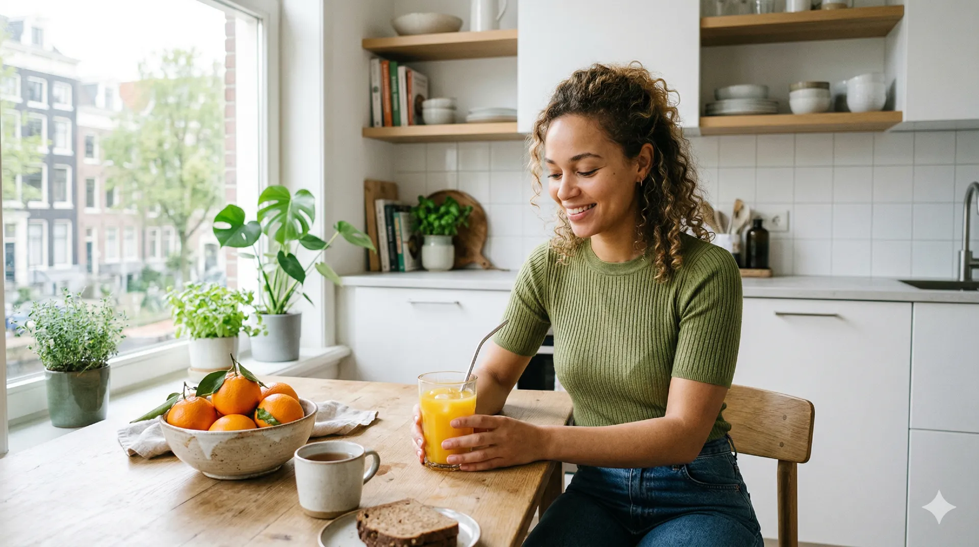 Vrouw drinkt sinaasappelsap bij het ontbijt