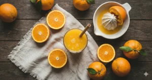 Sinaasappelsap gezond: versgeperst sap naast hele sinaasappels