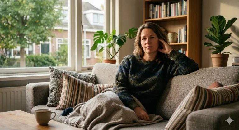 Vrouw houdt oor vast bij verstopt oor thuis