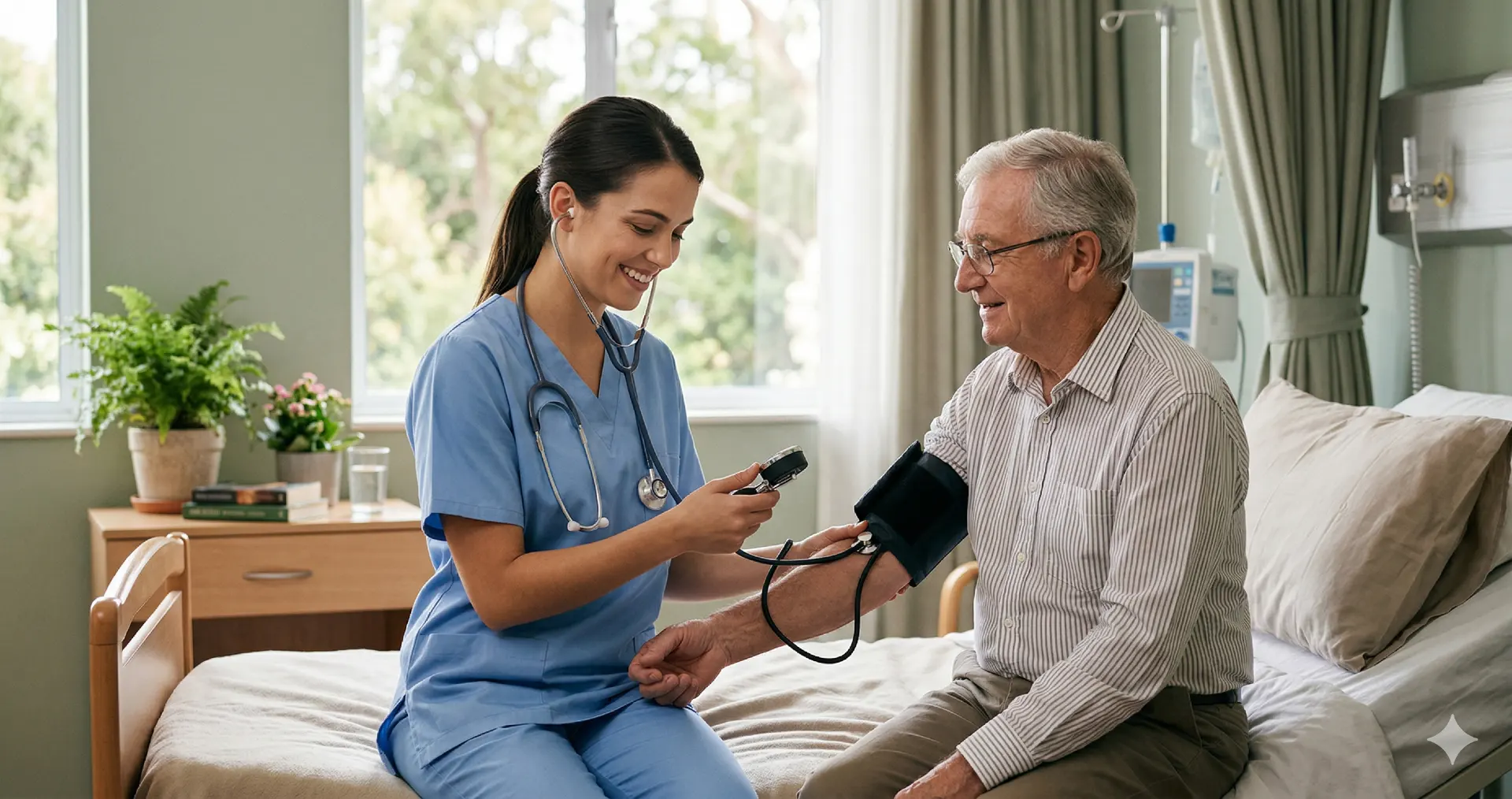 Verpleegkundige meet vitale functies bij patient op verpleegafdeling