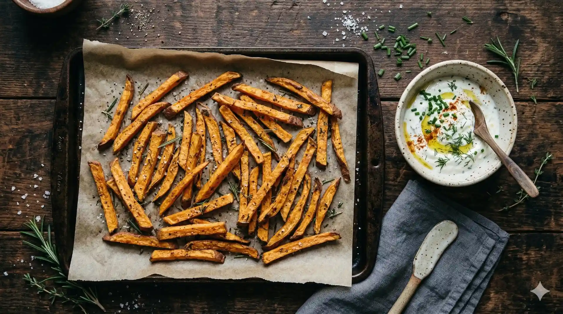 Krokante zoete aardappel friet uit de oven op bakpapier