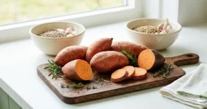 Zoete aardappel gezond - gesneden oranje knol op houten plank