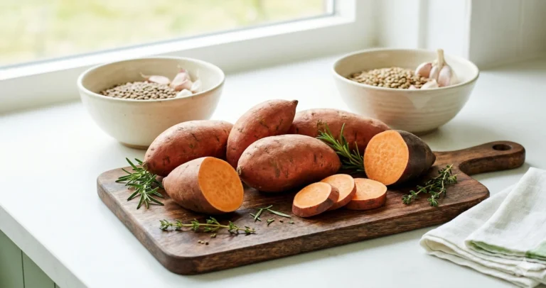 Zoete aardappel gezond - gesneden oranje knol op houten plank