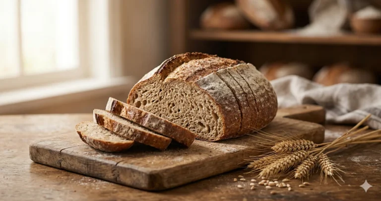 Vers zuurdesembrood op houten plank. Is zuurdesembrood gezond
