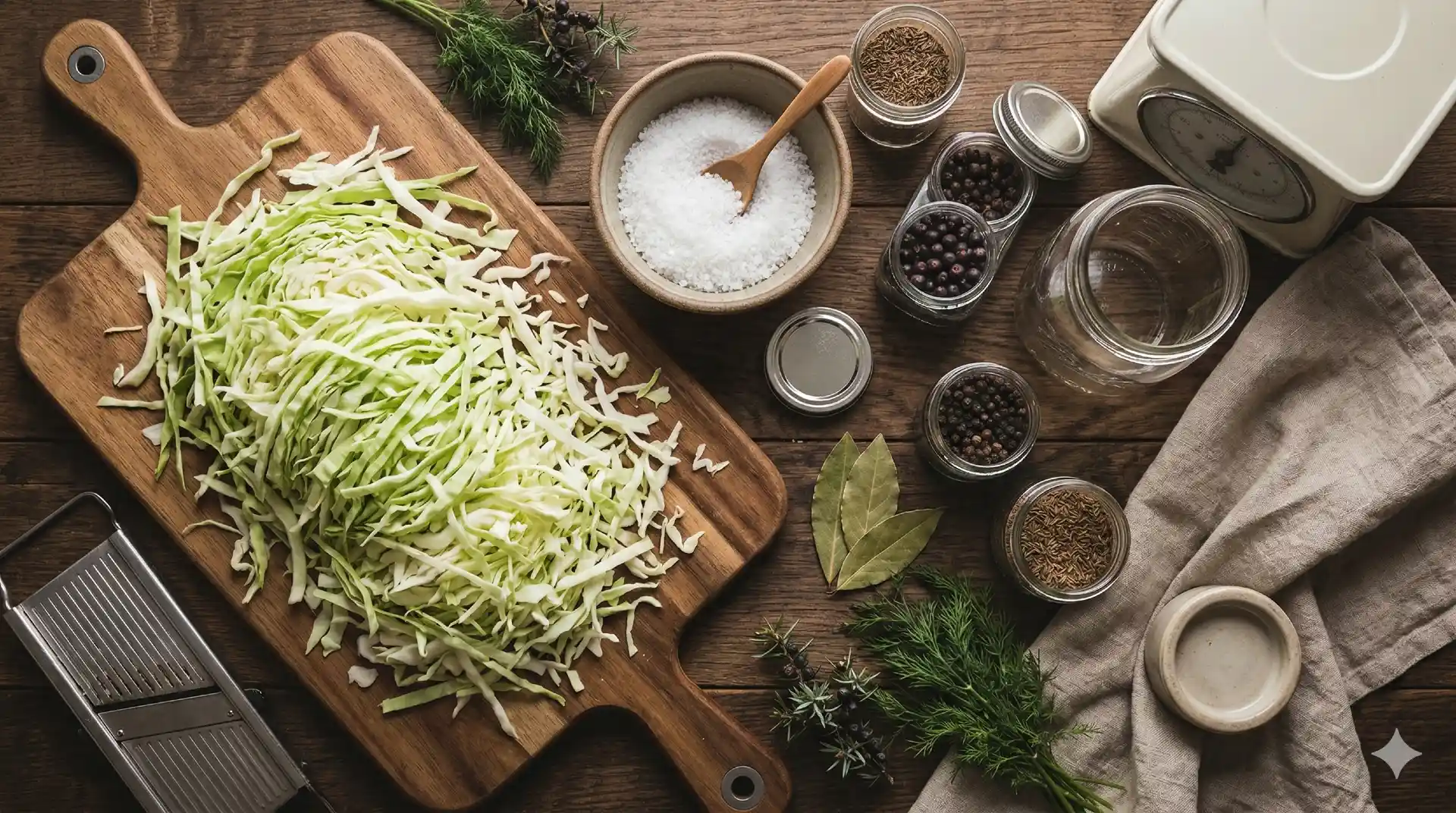 Ingrediënten en materialen voor zuurkool maken uitgestald