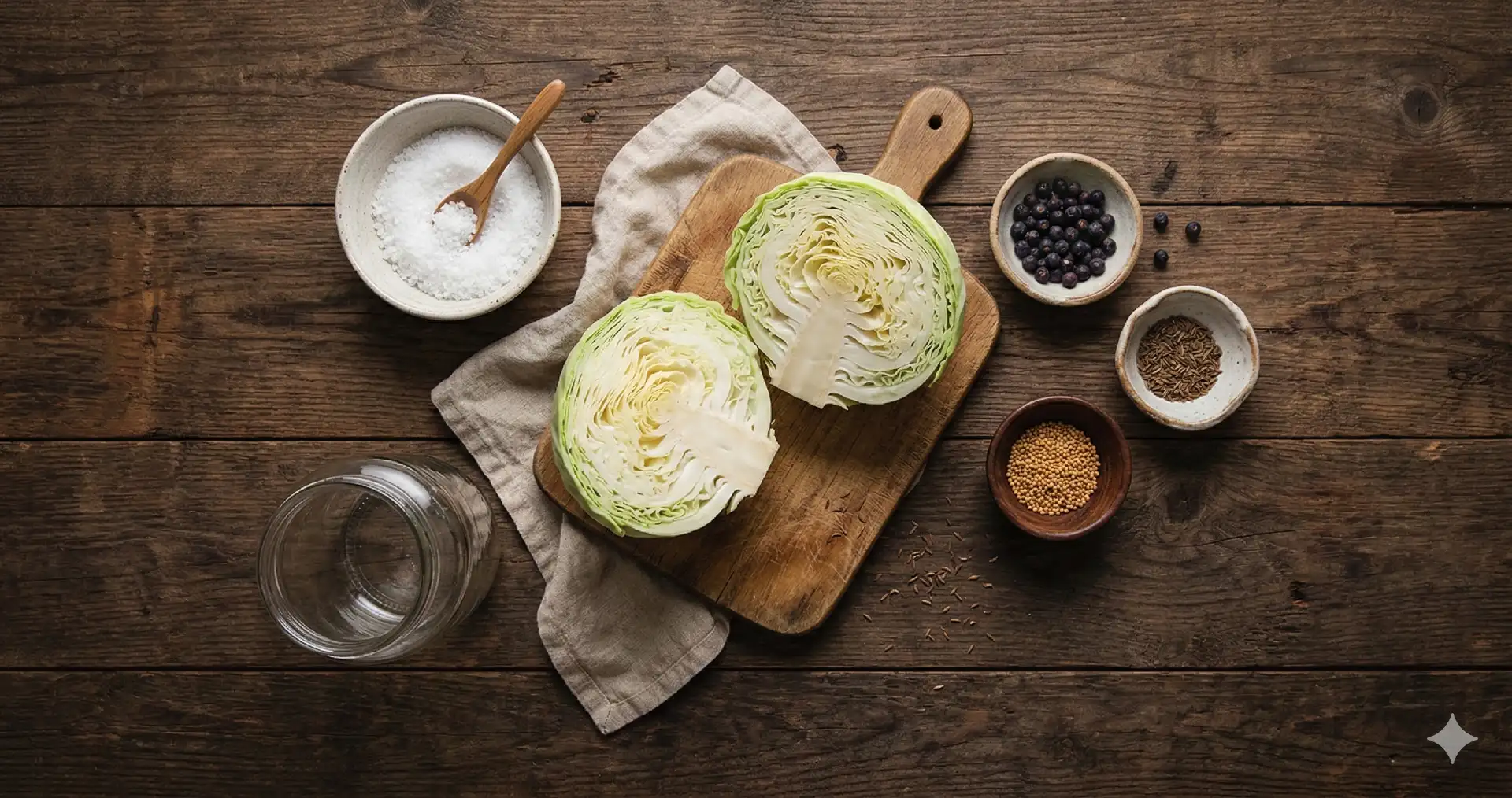 Witte kool, zeezout, weckpot, kruiden op donker hout