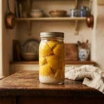 Weckpot met ingelegde citroenen op houten keukenaanrecht