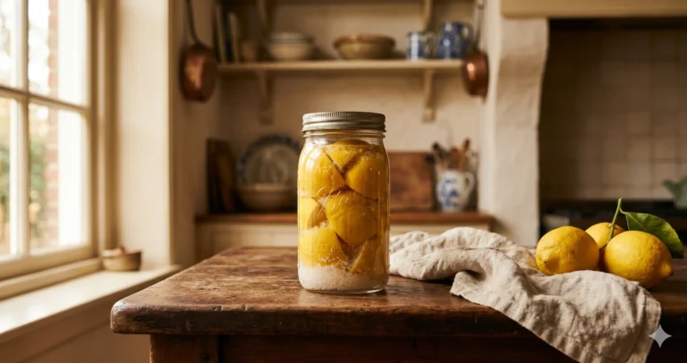 Weckpot met ingelegde citroenen op houten keukenaanrecht