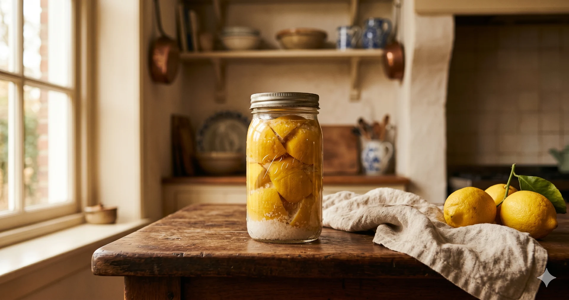 Weckpot met ingelegde citroenen op houten keukenaanrecht