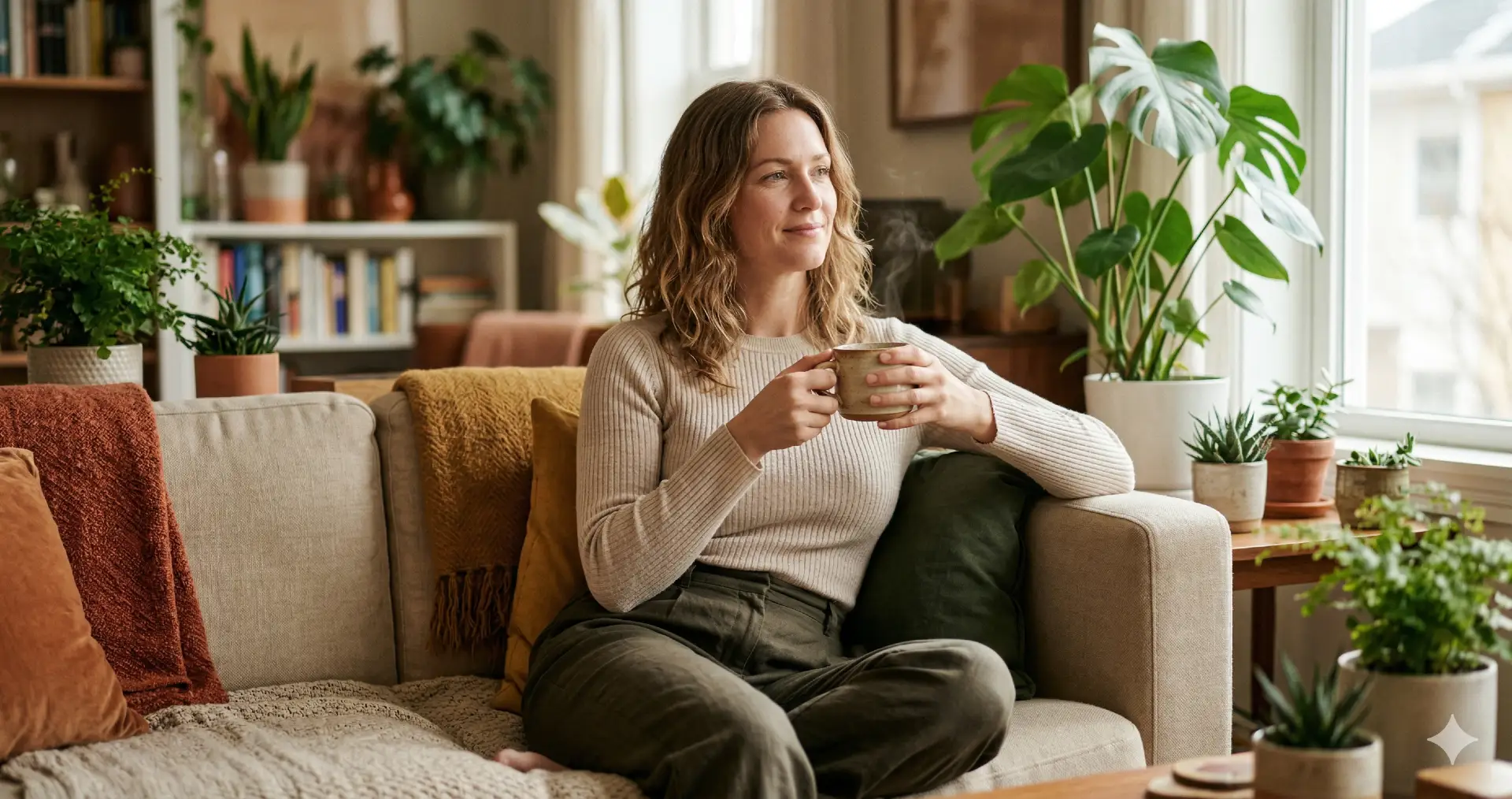 Cortisol verlagen: vrouw ontspant met kopje thee