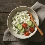 Cottage cheese gezond: kom met verse kaas, kruiden en groenten